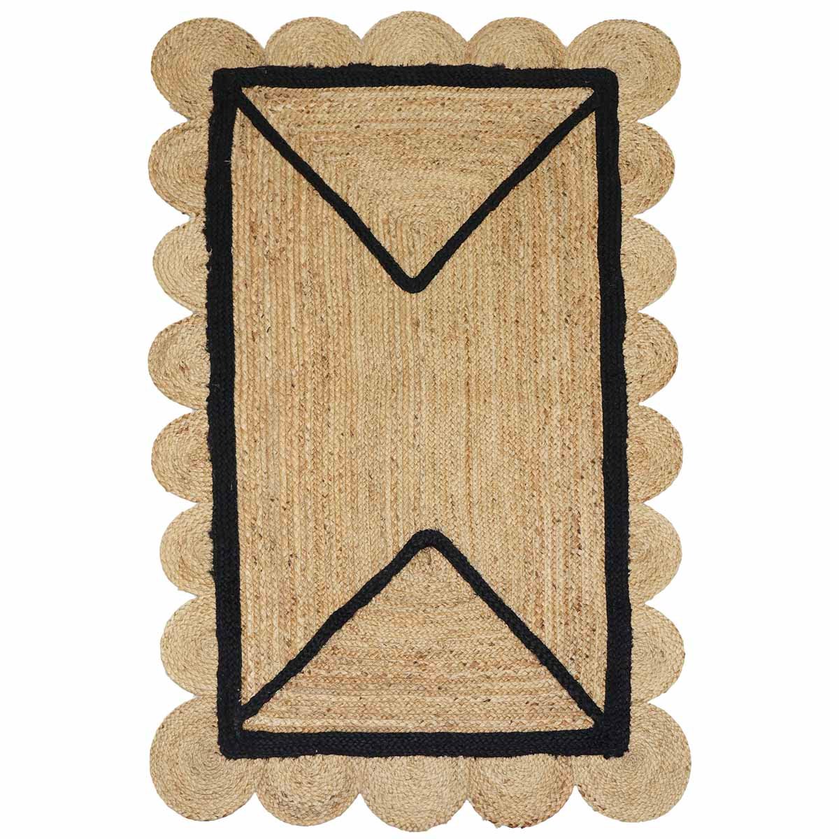 Handmade Geometric Scalloped Rugs in natural jute design Luxury geometric scalloped jute area rug for elegant interiors Modern Geometric Scalloped Rugs with bold black border detailing
