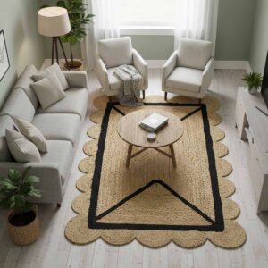 Hand Braided Scalloped Black Border Jute Rug