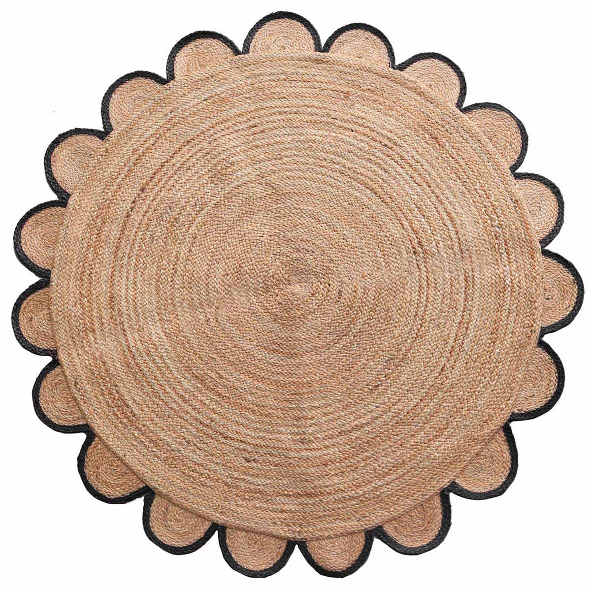 Handmade round scalloped jute rug for elegant interiors Luxury round jute rug with scalloped border detailing Natural braided round scalloped jute area rug for modern hom