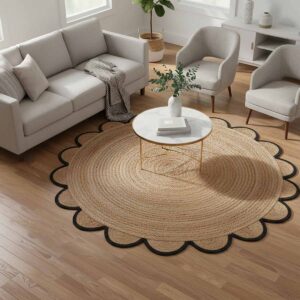 Handmade round scalloped jute rug for elegant interiors Luxury round jute rug with scalloped border detailing Natural braided round scalloped jute area rug for modern hom