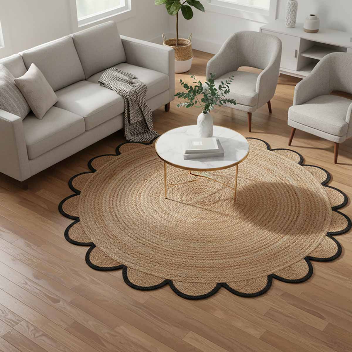 Handmade round scalloped jute rug for elegant interiors Luxury round jute rug with scalloped border detailing Natural braided round scalloped jute area rug for modern hom