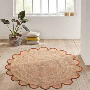 Handmade Round Jute Rug with scalloped border detailing Luxury Round Jute Rug for elegant modern interiors Natural braided Round Jute Rug for cozy living spaces