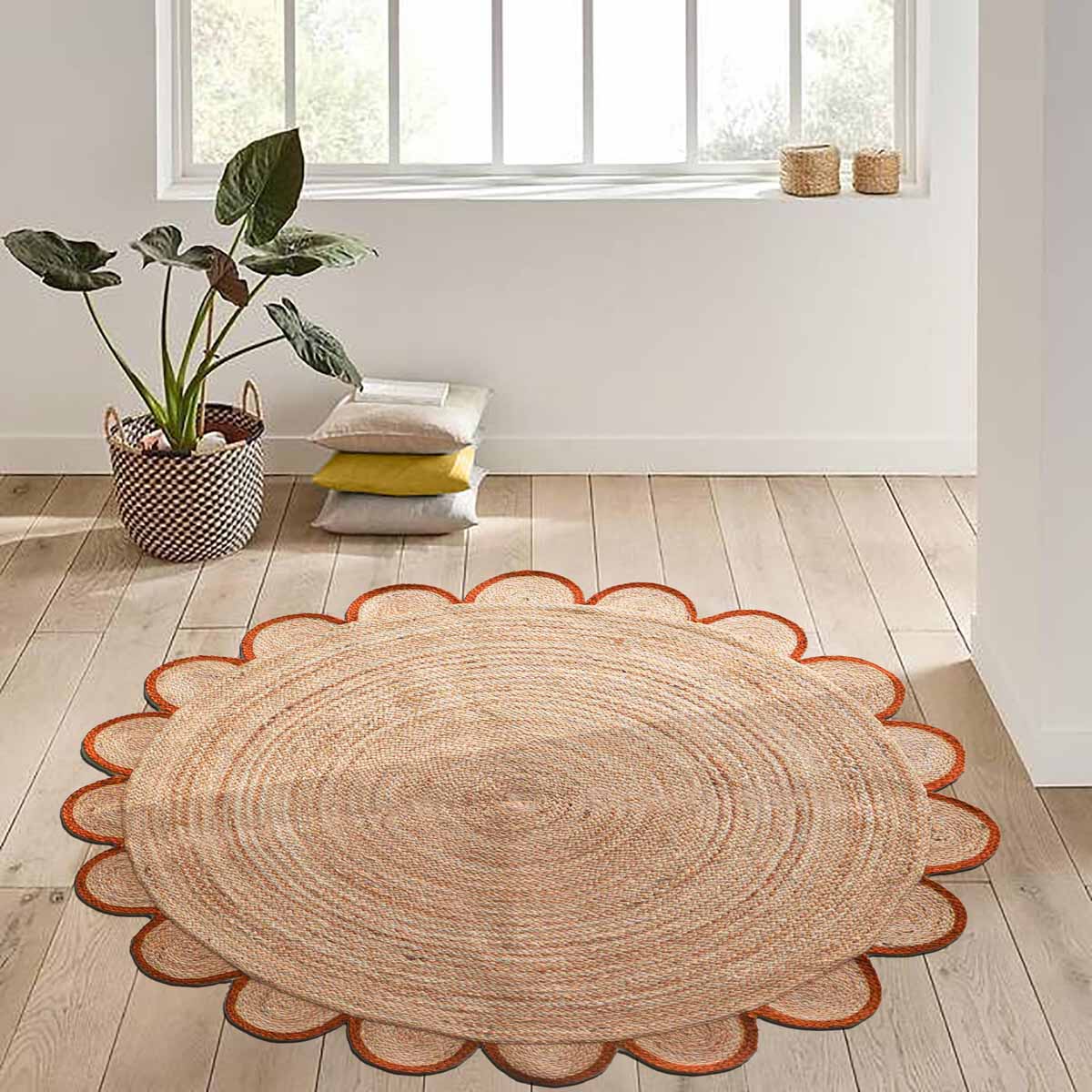 Handmade Round Jute Rug with scalloped border detailing Luxury Round Jute Rug for elegant modern interiors Natural braided Round Jute Rug for cozy living spaces
