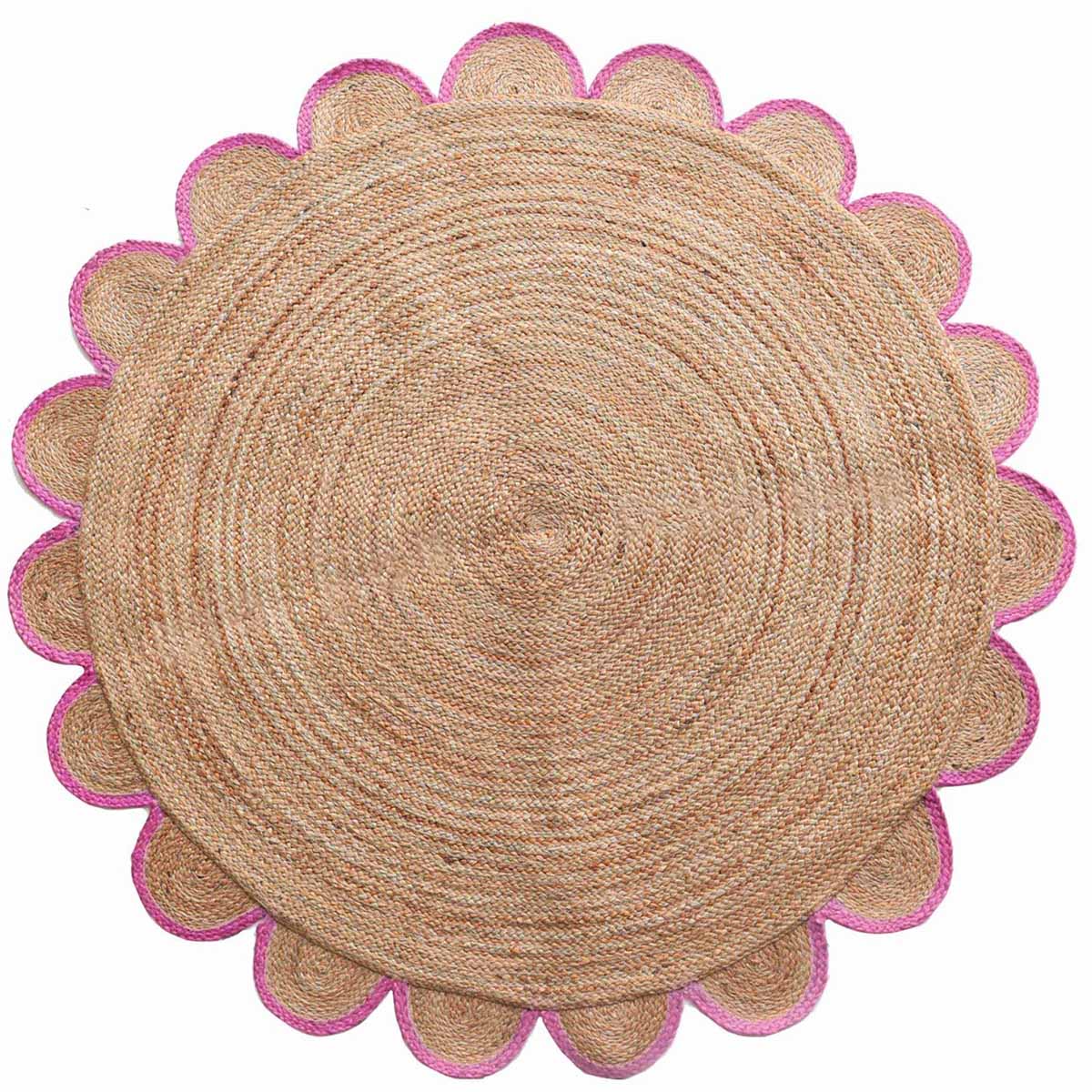 Handmade Round Jute Rugs with pink scalloped border Luxury round jute rug for boho modern interiors Natural braided Round Jute Rug with pink edging detail