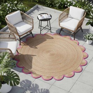 Handmade Round Jute Rugs with pink scalloped border Luxury round jute rug for boho modern interiors Natural braided Round Jute Rug with pink edging detail