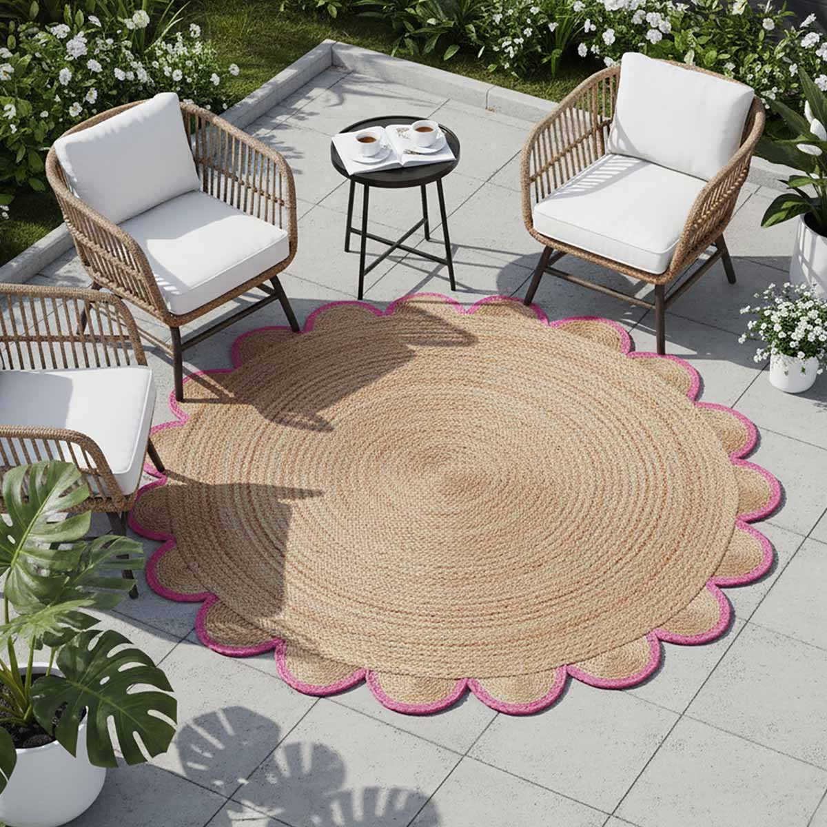 Handmade Round Jute Rugs with pink scalloped border Luxury round jute rug for boho modern interiors Natural braided Round Jute Rug with pink edging detail