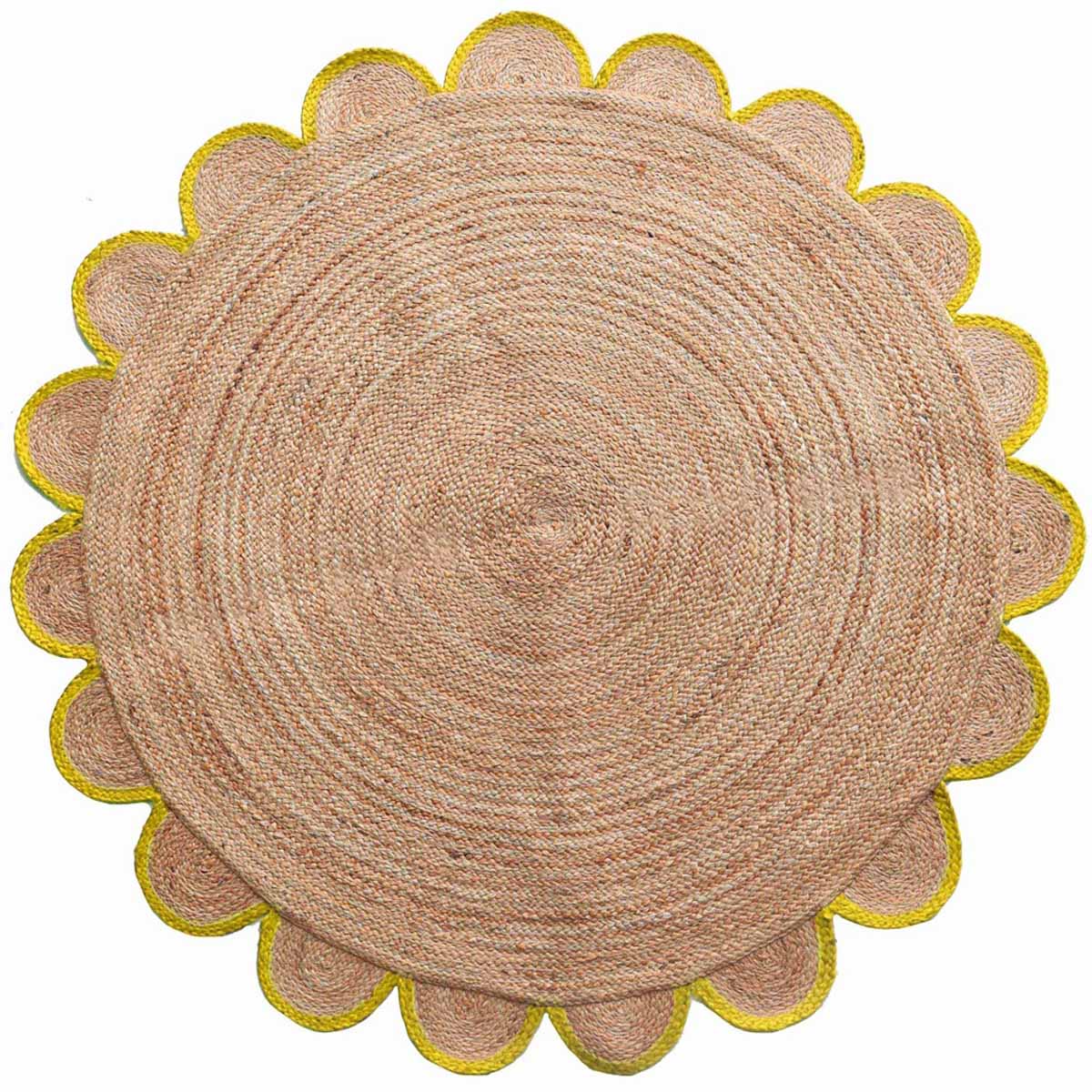 Premium round hand braided jute rug with scalloped border Natural scalloped jute area rug for modern boho interiors Handmade braided jute rug with decorative yellow edging