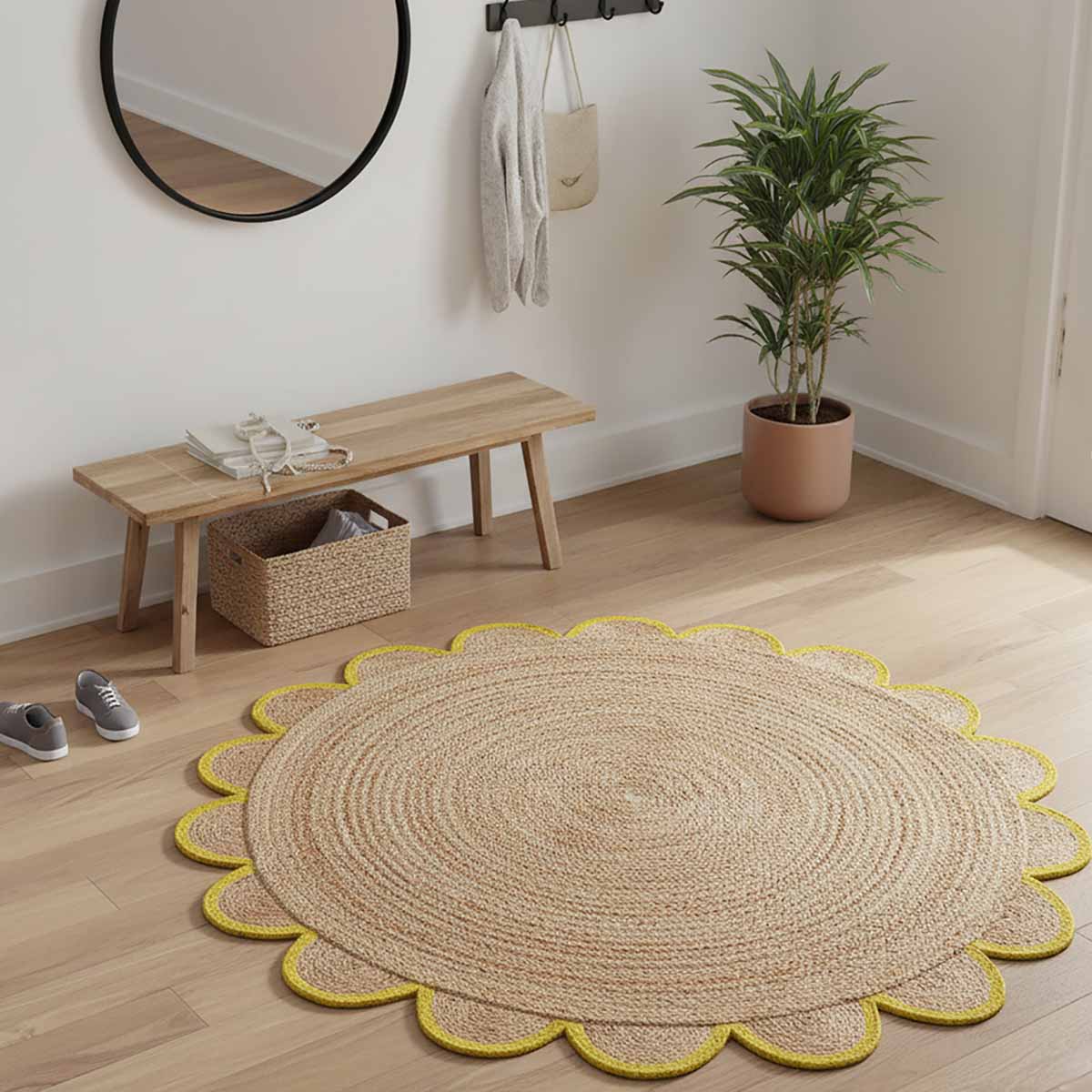 Premium round hand braided jute rug with scalloped border Natural scalloped jute area rug for modern boho interiors Handmade braided jute rug with decorative yellow edging
