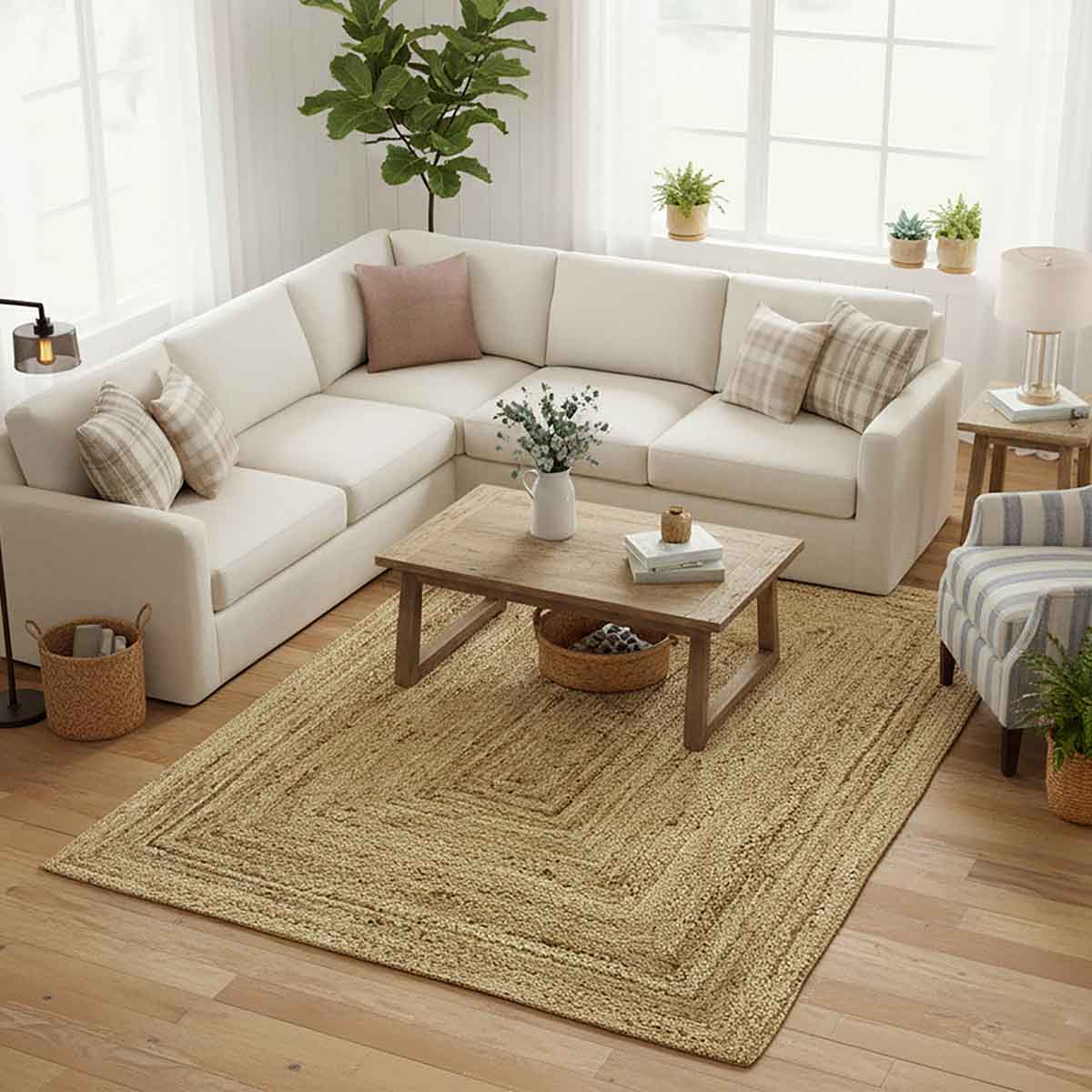 Hand Braided Beige Solid Jute Rug