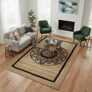 Designer Floral Black Hand Braided Jute Area Rug