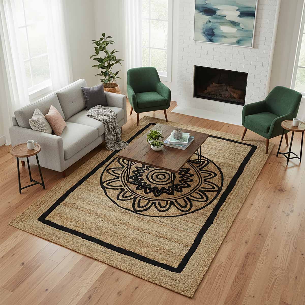 Designer Floral Black Hand Braided Jute Area Rug