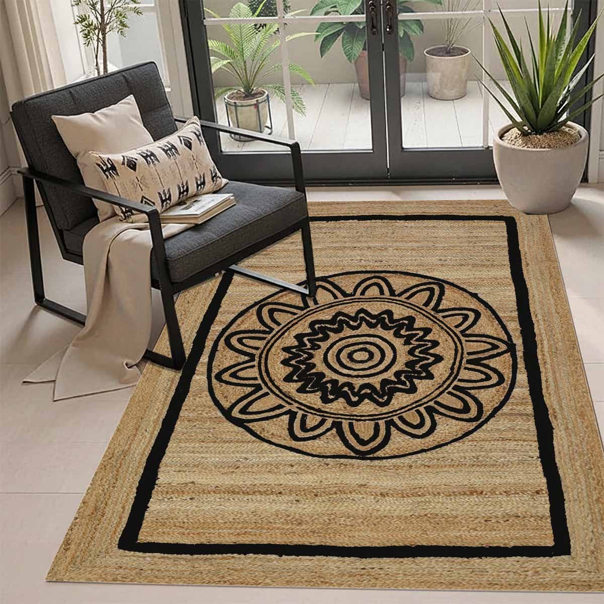 Designer Floral Black Hand Braided Jute Area Rug - Image 3