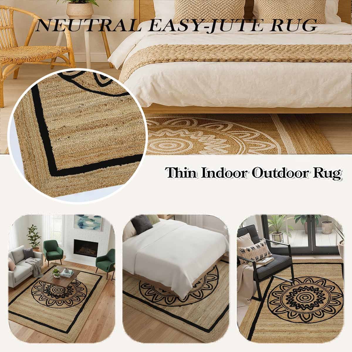 Designer Floral Black Hand Braided Jute Area Rug - Image 4