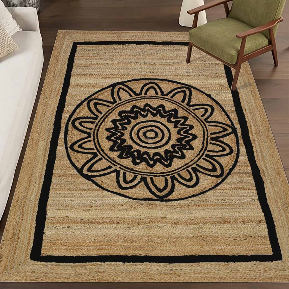 Designer Floral Black Hand Braided Jute Area Rug - Image 6