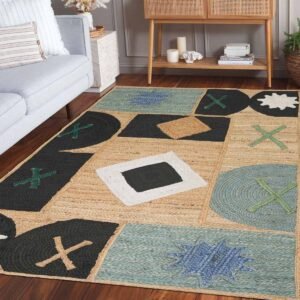 Designer Black Geometric Hand Braided Jute Area Rug