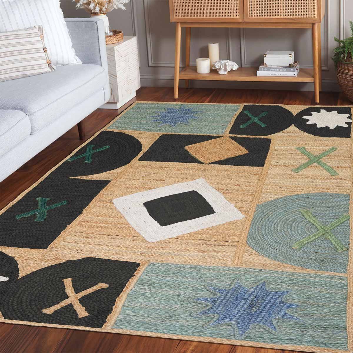 Designer Black Geometric Hand Braided Jute Area Rug