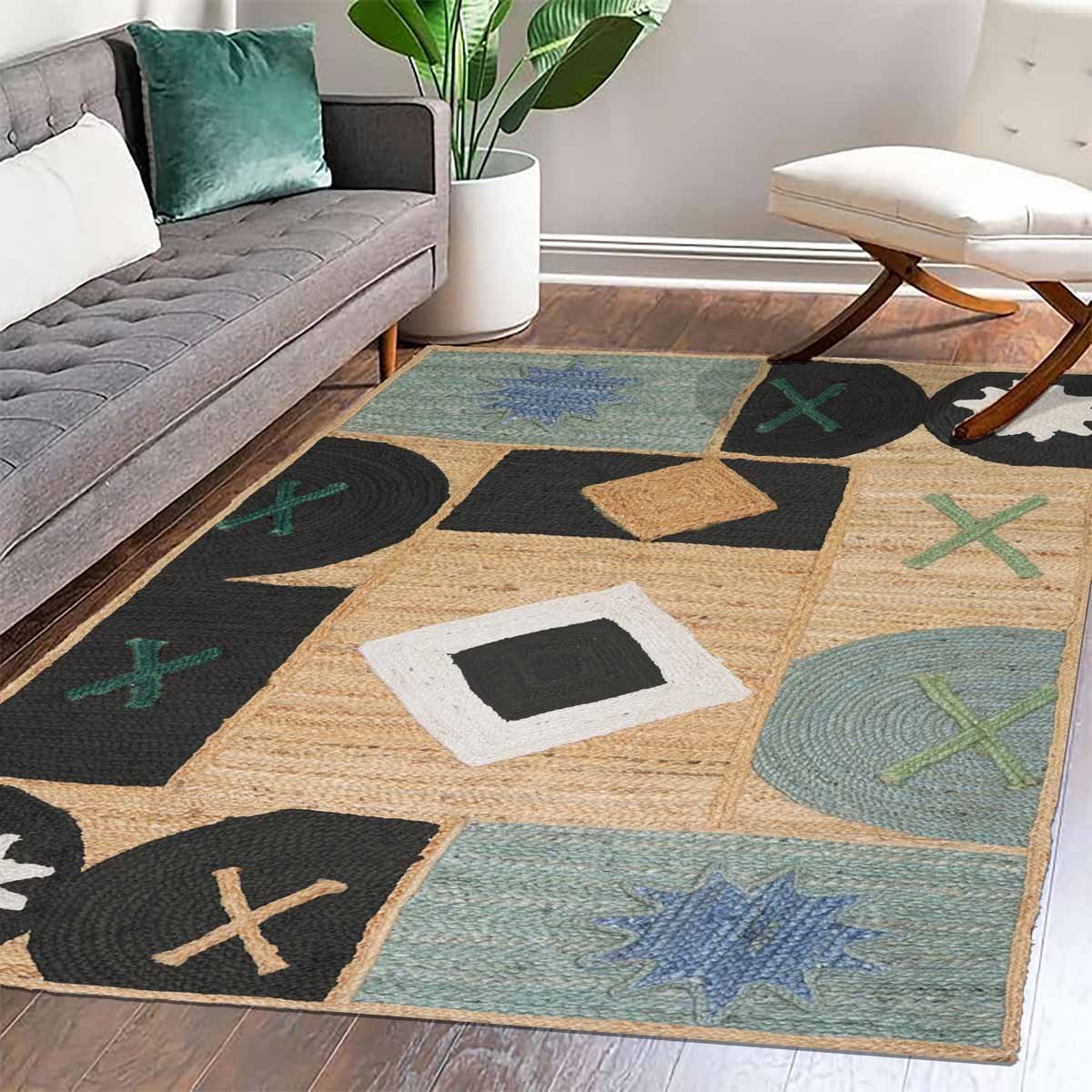 Designer Black Geometric Hand Braided Jute Area Rug - Image 4