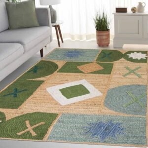 Green Designer Geometric Hand Braided Jute Area Rug