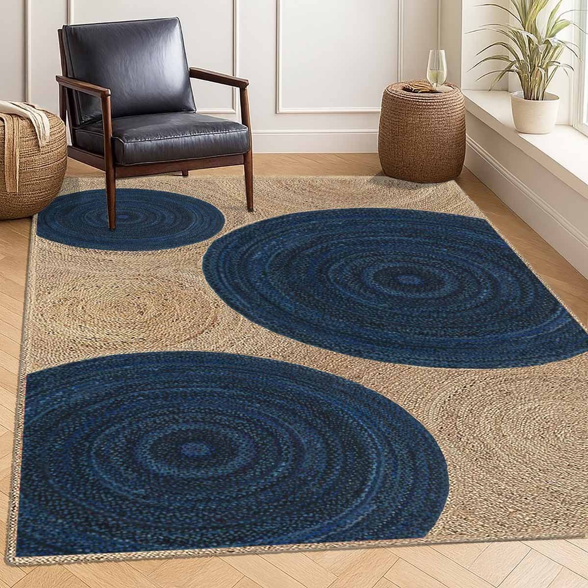 Blue Designer Hand Braided Jute Area Rug