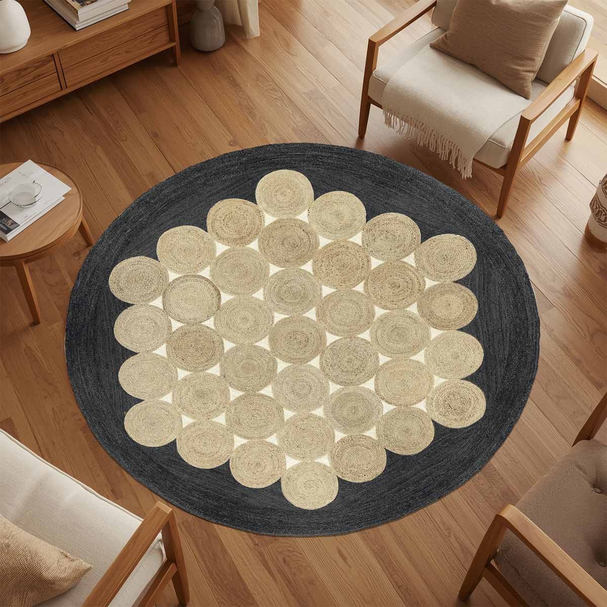 Black Scalloped Hand Braided Jute Round Rug