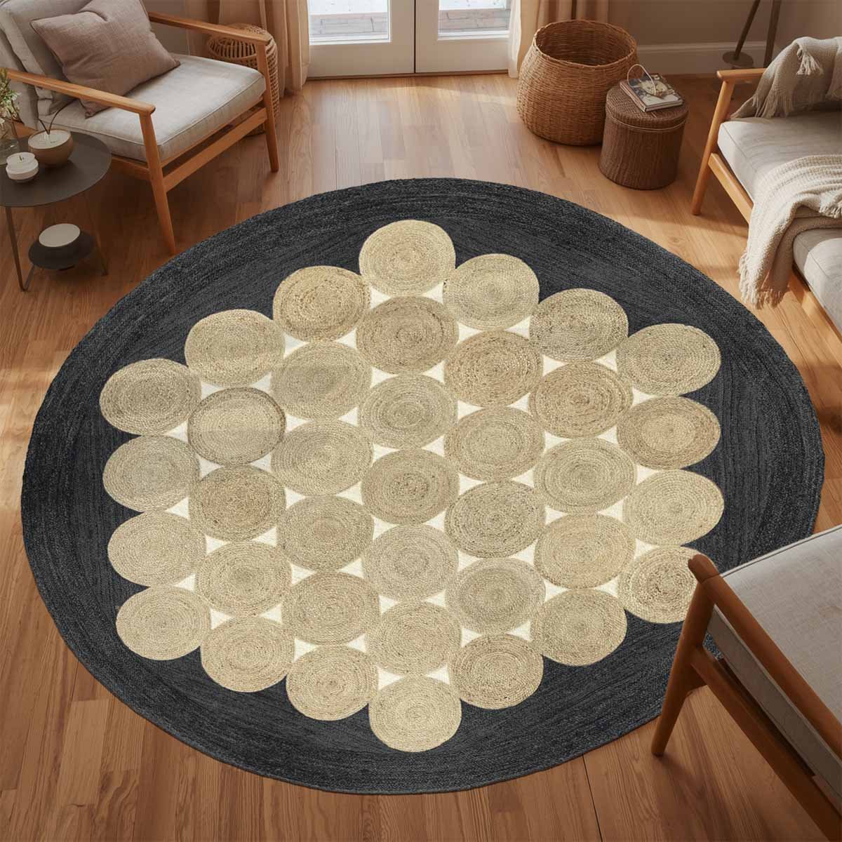 Black Scalloped Hand Braided Jute Round Rug - Image 6
