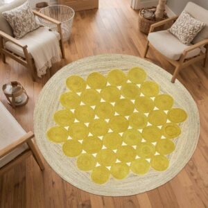 Yellow Scalloped Geometric Hand Braided Round Jute Rug