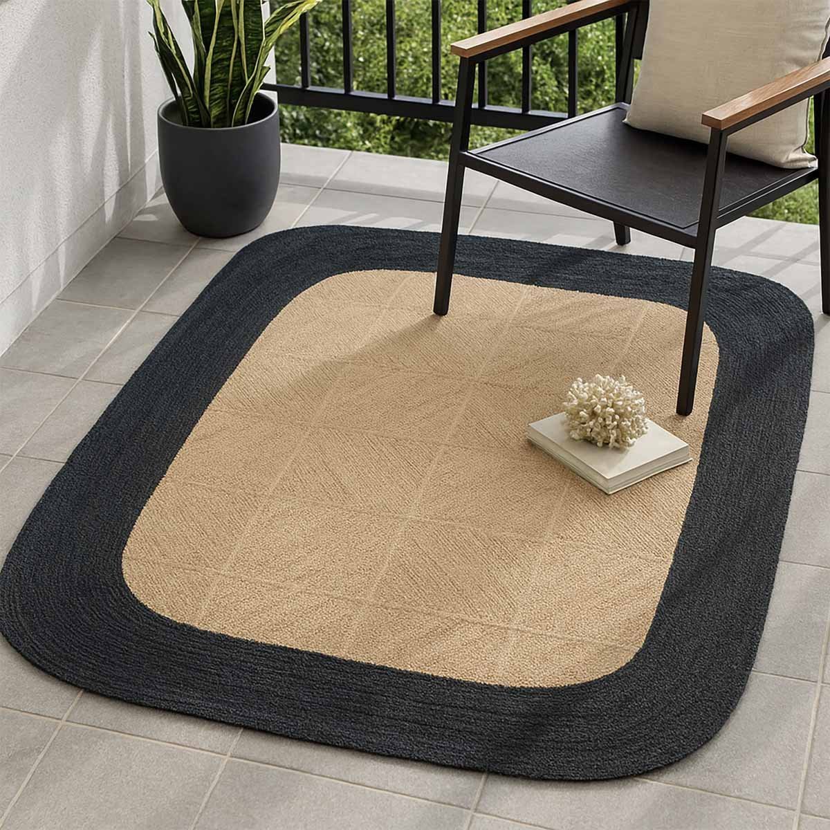 Black Border Hand Braided Jute Carpet - 5x5 Rug