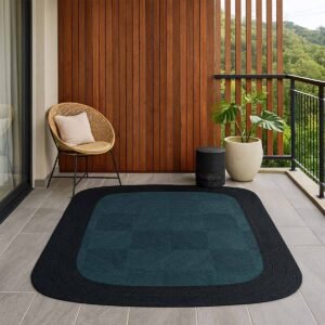 Black Border Hand Braided Blue Jute Rug - 4x4 Rug