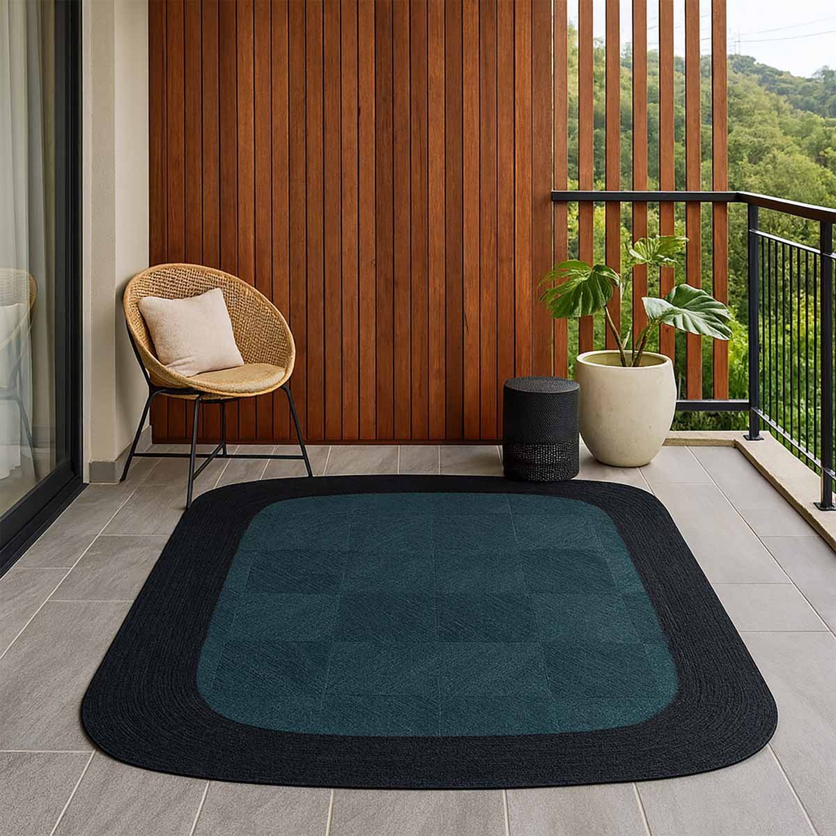 Black Border Hand Braided Blue Jute Rug - 4x4 Rug