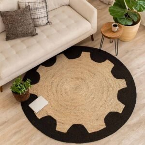 Black Designer Geometric Hand Braided Round Jute Rug