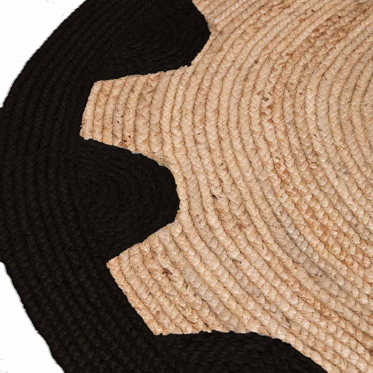 Black Designer Geometric Hand Braided Round Jute Rug - Image 3