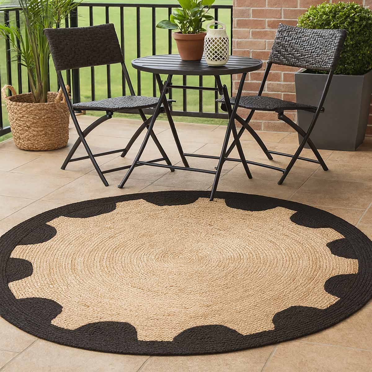 Black Designer Geometric Hand Braided Round Jute Rug - Image 6