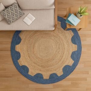 Blue Designer Geometric Hand Braided Round Jute Rug