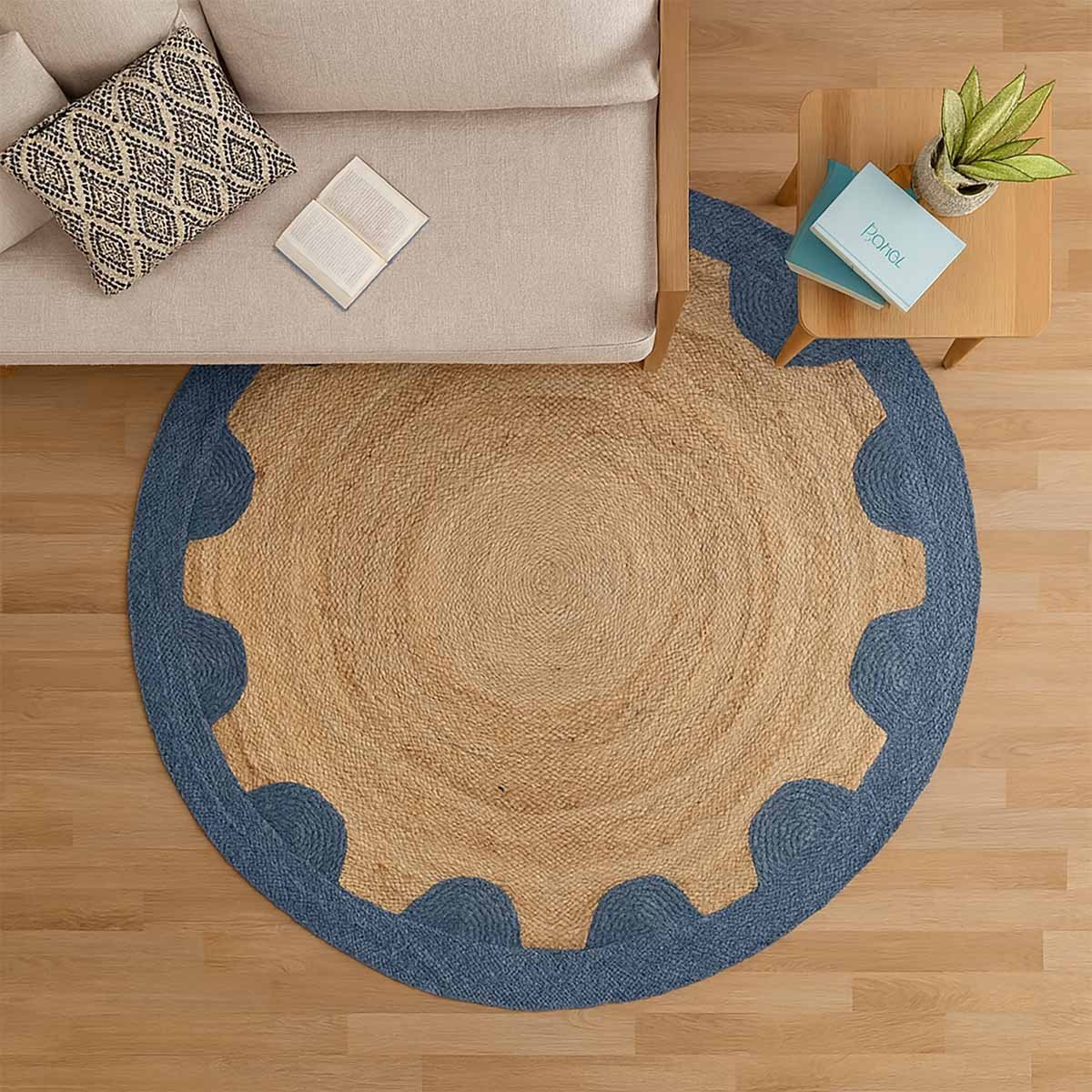 Blue Designer Geometric Hand Braided Round Jute Rug