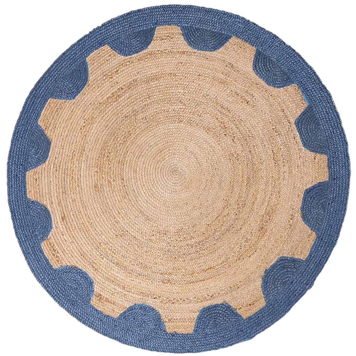 Blue Designer Geometric Hand Braided Round Jute Rug - Image 2
