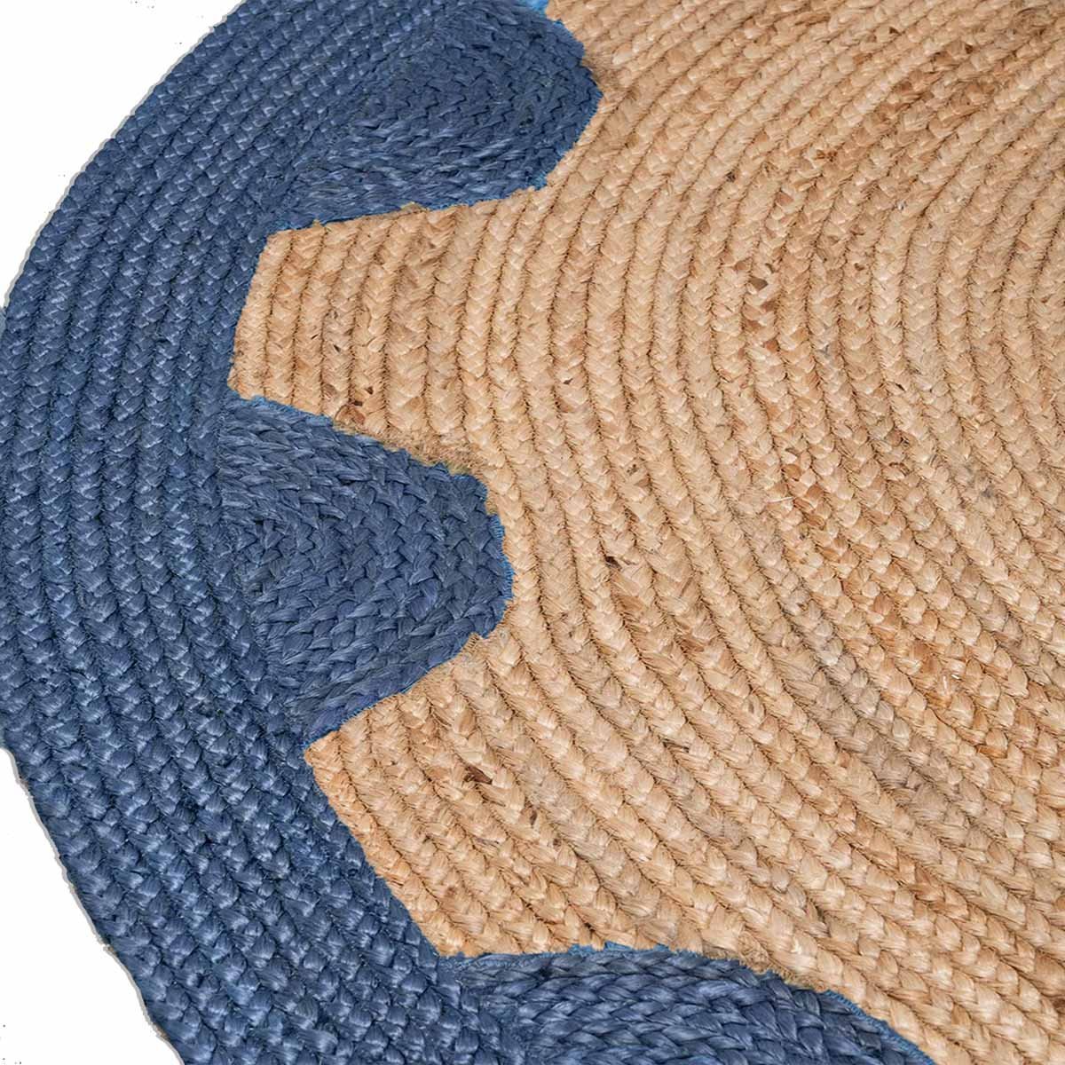 Blue Designer Geometric Hand Braided Round Jute Rug - Image 3