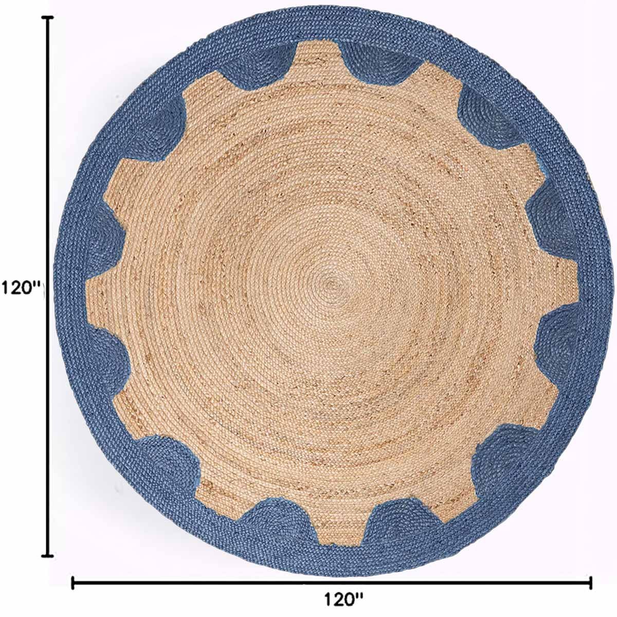 Blue Designer Geometric Hand Braided Round Jute Rug - Image 5
