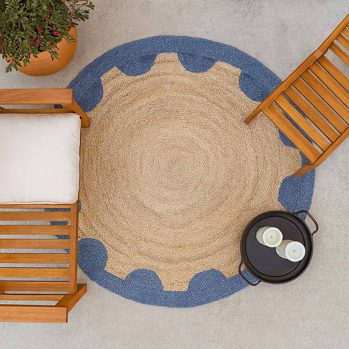 Blue Designer Geometric Hand Braided Round Jute Rug - Image 6