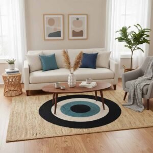 Black Circle Designer Hand Braided Jute Carpet - 5x7