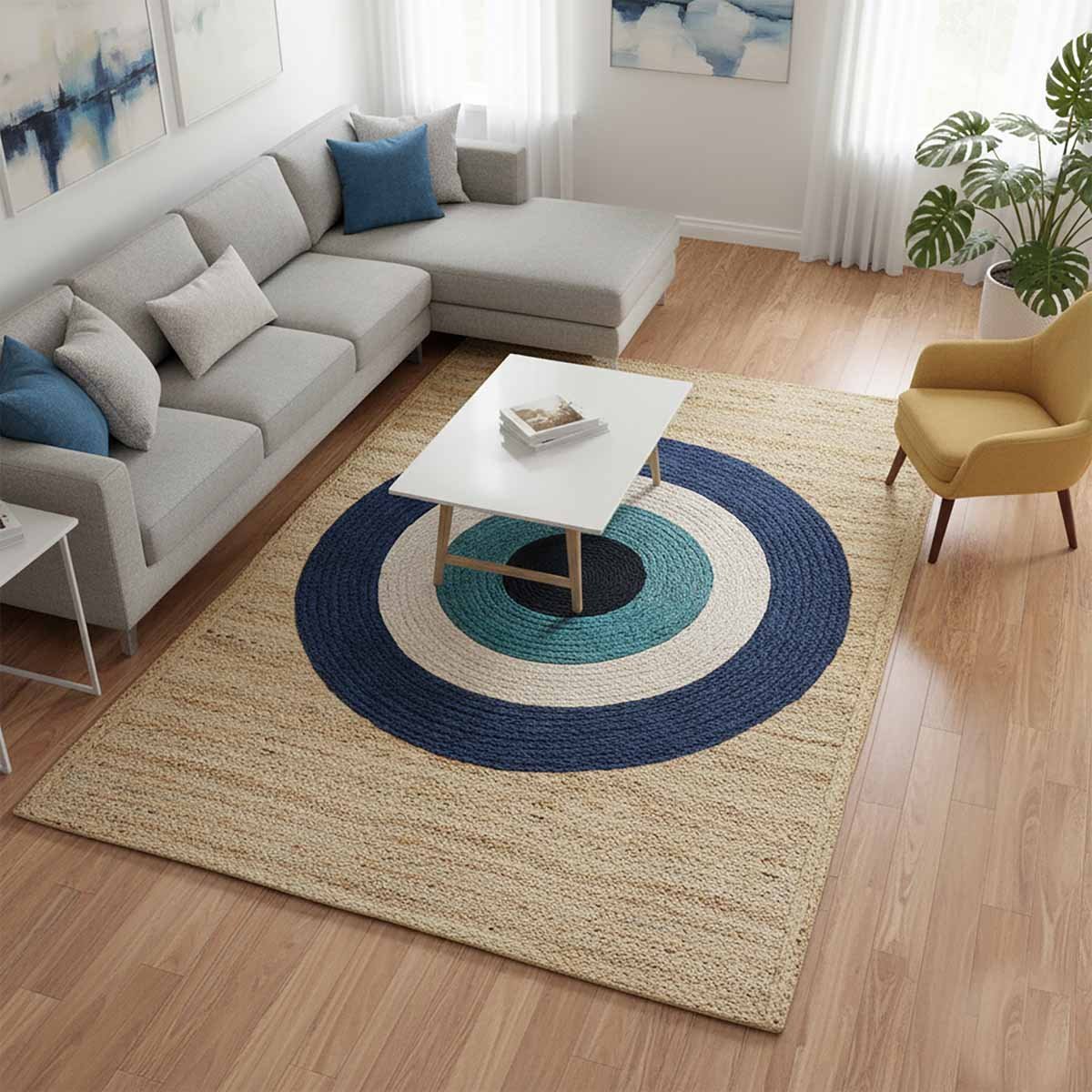 Blue Circle Hand Braided Designer Jute Rug - 4x6 Rug