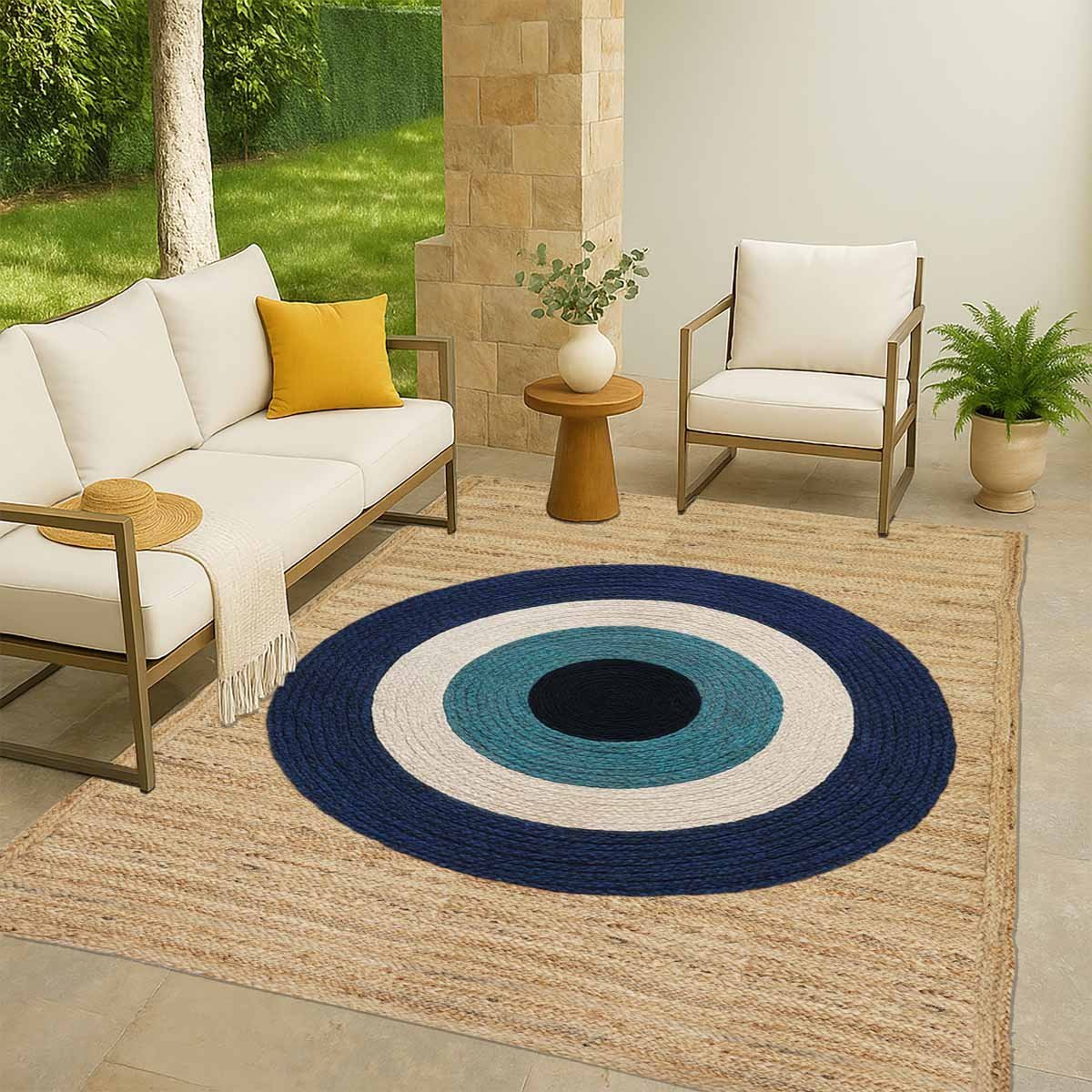 Blue Circle Hand Braided Designer Jute Rug - 4x6 Rug - Image 3