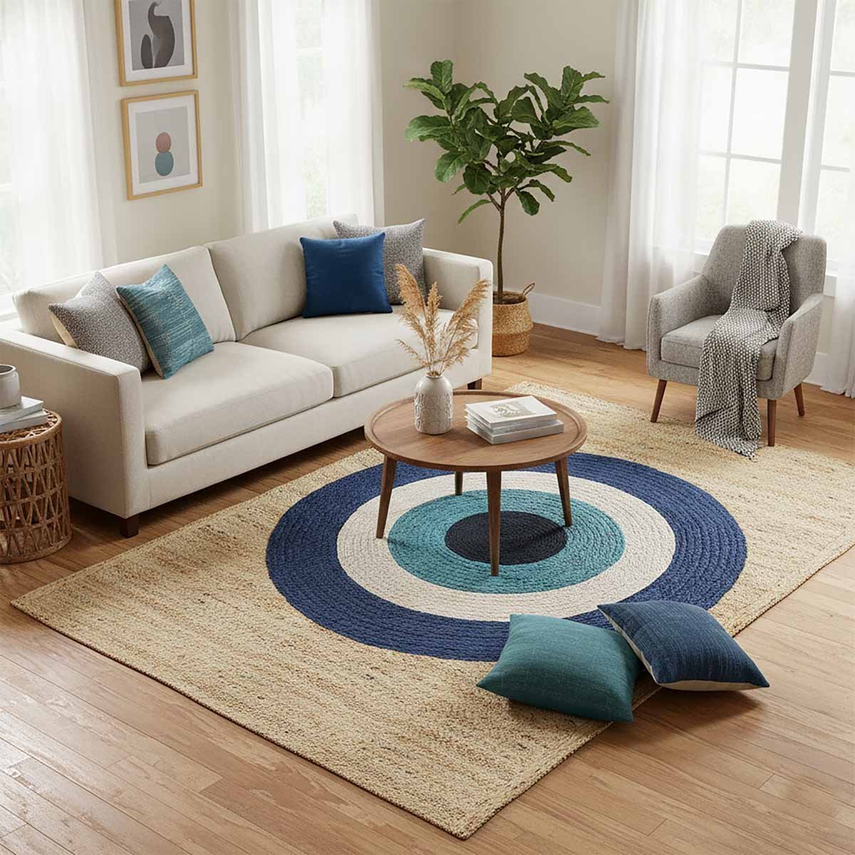 Blue Circle Hand Braided Designer Jute Rug - 4x6 Rug - Image 5
