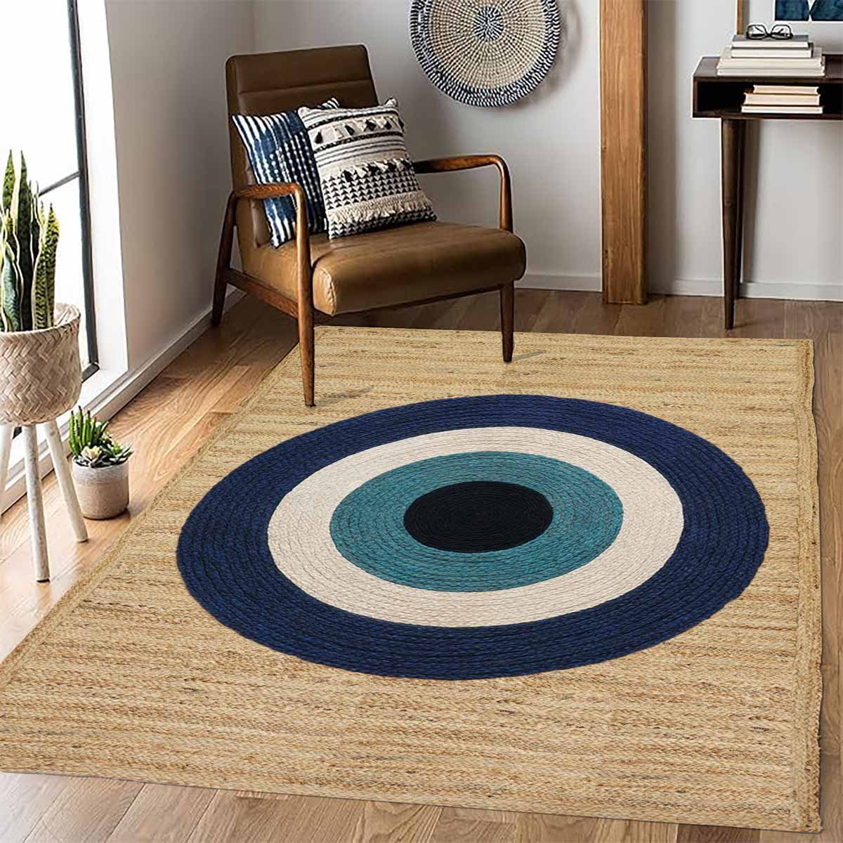 Blue Circle Hand Braided Designer Jute Rug - 4x6 Rug - Image 6