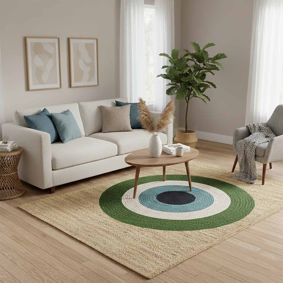 Green Circle Hand Braided Designer Jute Rug - 6x9 Rug - Image 5