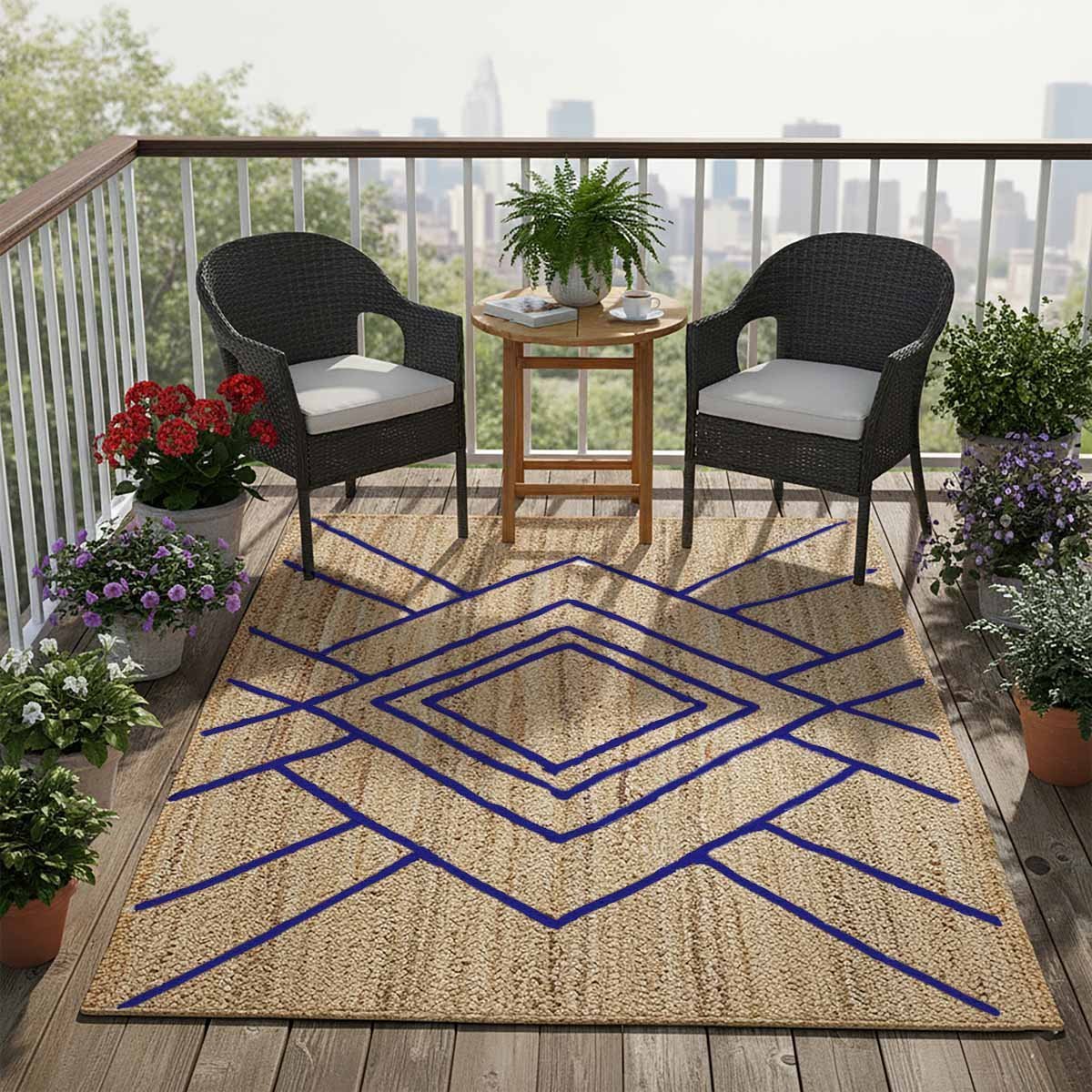 Blue Geometric Hand Braided Jute Rug - 5x8 Rug - Image 4