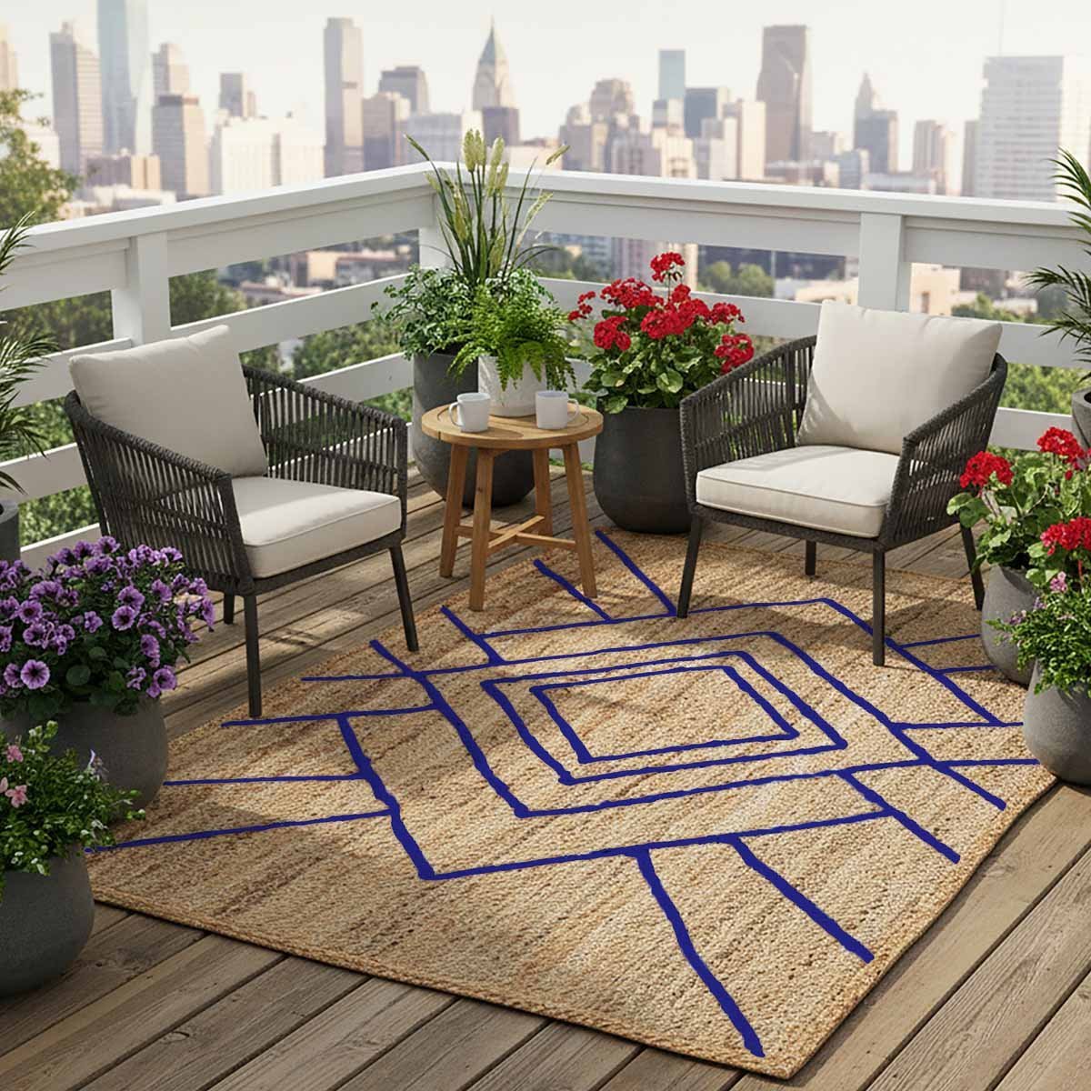 Blue Geometric Hand Braided Jute Rug - 5x8 Rug - Image 6