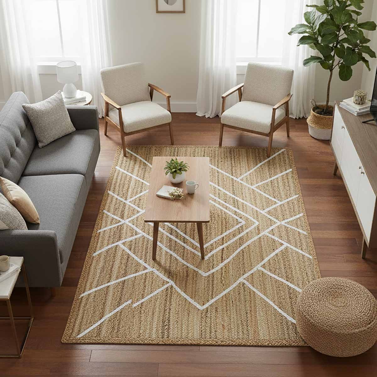 White Geometric Hand Braided Jute Rug - 6x9 Rug - Image 6