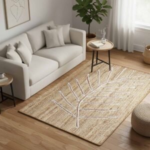 White Leaf Pattern Hand Braided Jute Rug - 7x10 Rug