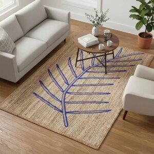 Blue Leaf Pattern Hand Braided Jute Rug - 3x5 Rug
